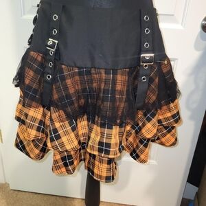 Edgy Asymmetrical Plaid Skirt - Black and Orange